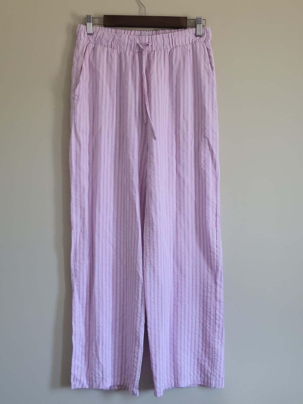 Wide Leg Drawstring Lounge Pants In Light Pink Stripes